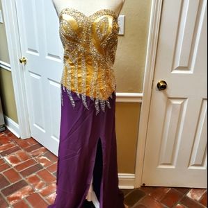 Purple & Gold Beaded Strapless Mardi Gras Gown,.